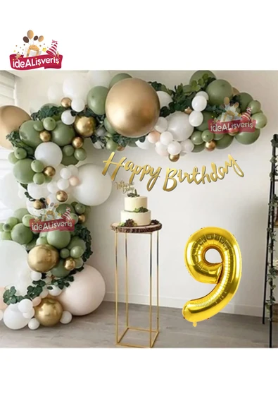 Bkmc 9 Yaş Happy Kaligrafi Yazılı Küf Yeşili Gold Beyaz Balon Zinciri Seti Doğum Günü Parti Seti Süsü ürün görseli 1