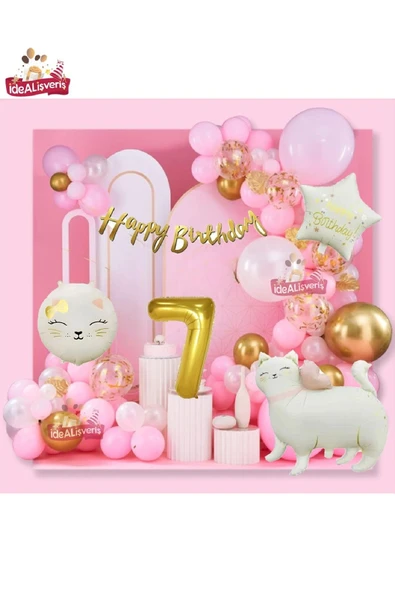 Bkmc Yıldız ve Kedi Folyo Gold 7 Yaş Folyo Balonlu İyi Ki Doğdun Yazılı Pembe Gold Doğum Günü Parti Seti ürün görseli