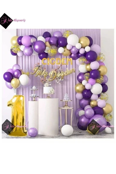 Bkmc 6 Harf İsimli 1 Yaş Macaron Mor Balon Zinciri Seti Gölge Mor Altın Balon Dekorasyon ürün görseli