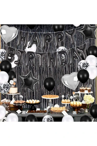 Bkmc Yetişkinler için  Doğum Günü Partisi Süslemeleri Siyah ve Beyaz Balonlar Seti, Saçak Perde Siyah - Resim 2