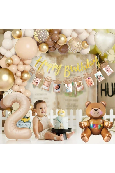 Bkmc Ayıcık Folyolu Yaş Balonlu 2 Yaş Erkek Kız Çocuğu Dekorasyon Doğum günü Parti Seti Süsü - Resim 2