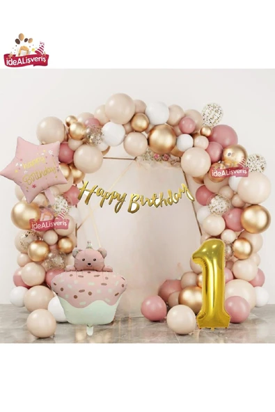 Bkmc PEMBE RETRO KEK AYICIK KAFALI PEMBE RETRO YILDIZ GOLD 1 YAŞ FOLYOLU BALON DOĞUM GÜNÜ PARTİ SETİ SÜSÜ