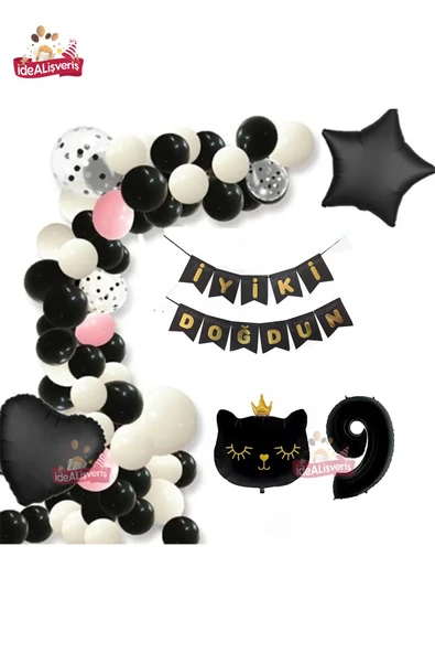 Bkmc Bannerli 9 Yaş Siyah Kedi Folyolu Kalp Yıldız Siyah Beyaz Konsept Doğum Günü Seti ürün görseli 1