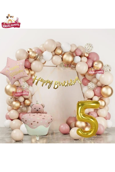 Bkmc PEMBE RETRO KEK AYICIK KAFALI PEMBE RETRO YILDIZ GOLD 5 YAŞ FOLYOLU BALON DOĞUM GÜNÜ PARTİ SETİ SÜSÜ - 3