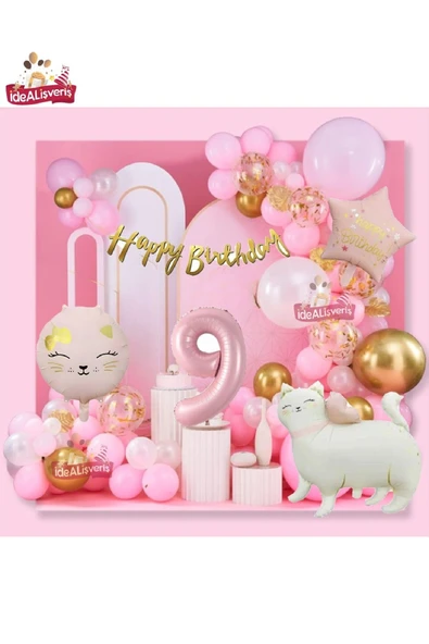 Bkmc Yıldız ve Kedi Folyo Pembe 9 Yaş Folyo Balonlu İyi Ki Doğdun Yazılı Pembe Gold Doğum Günü Parti Seti