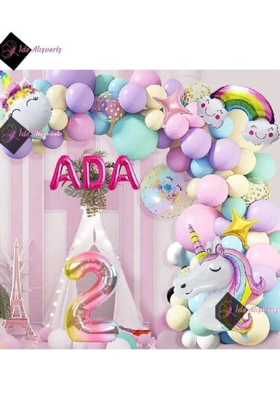 Bkmc 2 Yaş Ve 3 Harfli Gökkuşağı Konsepti Unicorn Temalı Makaron Balon Doğum Günü Parti Kutlama Seti