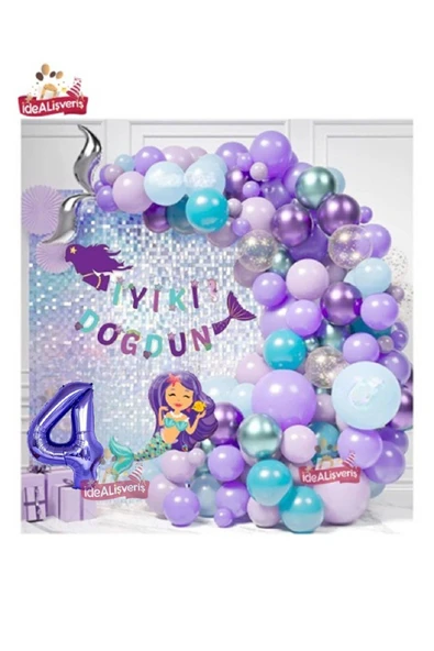 Bkmc Deniz Kızı Bannerli Mor Deniz Kızlı Mor Rakamlı Lüks Mor Doğum Günü Parti Seti Süsü - Resim 5