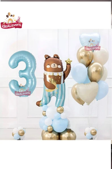 Bkmc SEVİMLİ TEDDY BEAR AYI FOLYOLU 3 YAŞ MAVİ FOLYOLU DOĞUM GÜNÜ PARTİ SETİ SÜSÜ - Resim 3