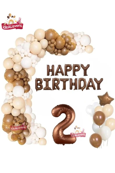 Bkmc Kahverengi Happy Birthday 2 Yaş Folyo Balon Krem Beyaz Kahverengi Konsept Doğum Günü Parti Seti