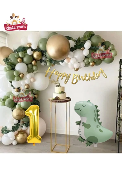 Bkmc 1 YaşRetro Yeşil Dinazor Folyolu Küf Yeşili Gold Beyaz Balon Zinciri Seti Doğum Günü Parti Seti Süsü ürün görseli 1