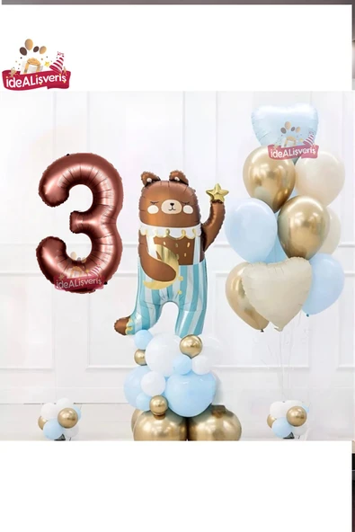 Bkmc SEVİMLİ TEDDY BEAR AYI FOLYOLU 3 YAŞ KAHVE FOLYOLU DOĞUM GÜNÜ PARTİ SETİ SÜSÜ