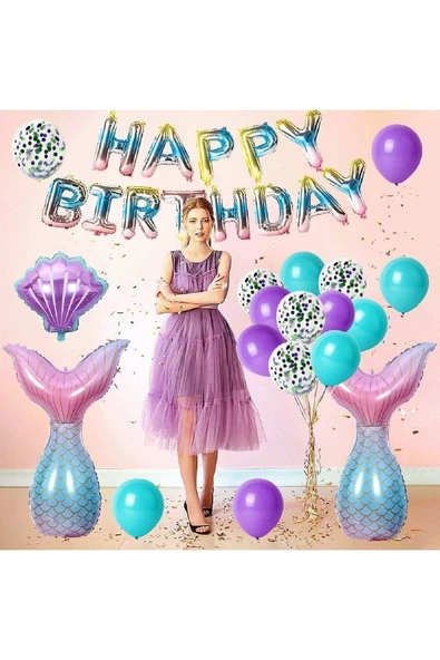 Bkmc Deniz Kızı Doğum Günü Süsü Çocuk ve Kadın Doğum Günü Partilerine Uygun Doğum Günü Parti Seti - Resim 2