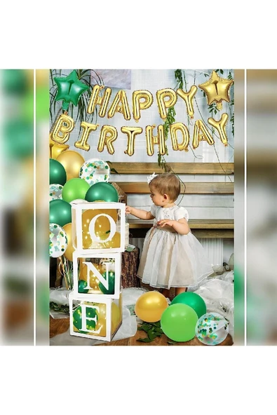 Bkmc EN DOLUSET Yeşil Gold Doğum Günü Konsepti One Kutulu Erkek ve Kızlar İçin Doğum Günü süsü Parti Seti - Resim 2