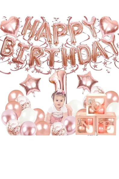 Bkmc Rose Gold 1 Yaş Balon Zinciri Doğum Günü Seti Iyi Ki Doğdun Doğum Günü Seti