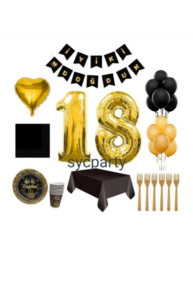 BalonEvi 18 Yaş Doğum Günü Seti Siyah Gold 8 Kişilik ürün görseli 1