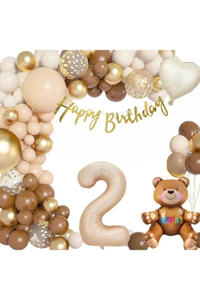 Bkmc Ayıcık Folyolu Yaş Balonlu 2 Yaş Erkek Kız Çocuğu Dekorasyon Doğum günü Parti Seti Süsü ürün görseli 1