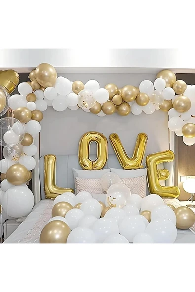 Bkmc I Love You Gold Beyaz Özel Gün Balon Seti