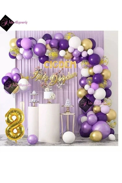 Bkmc 6 Harf İsimli 8 Yaş Macaron Mor Balon Zinciri Seti Gölge Mor Altın Balon Dekorasyon