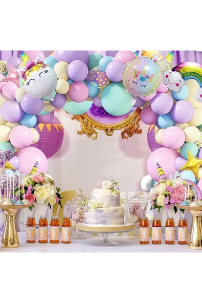 Bkmc 1 Yaş Ve 3 Harfli Gökkuşağı Konsepti Unicorn Temalı Makaron Balon Doğum Günü Parti Kutlama Seti - 2