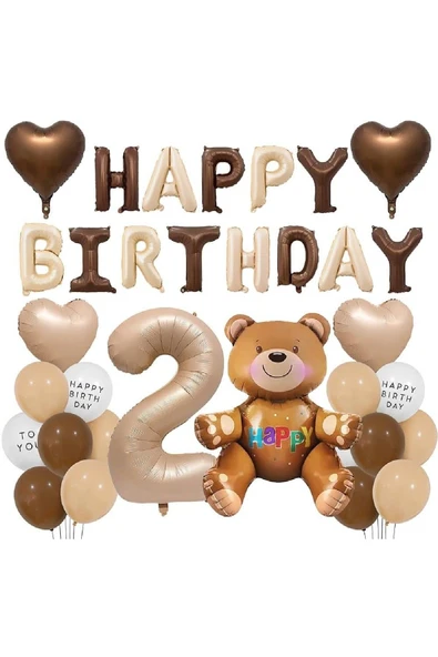 Bkmc 2Yaş Retro Ayıcık Kahverengi Folyolu Balon Happy Birthday Afiş Dekorasyon Doğum Günü Parti Seti Süsü - 2