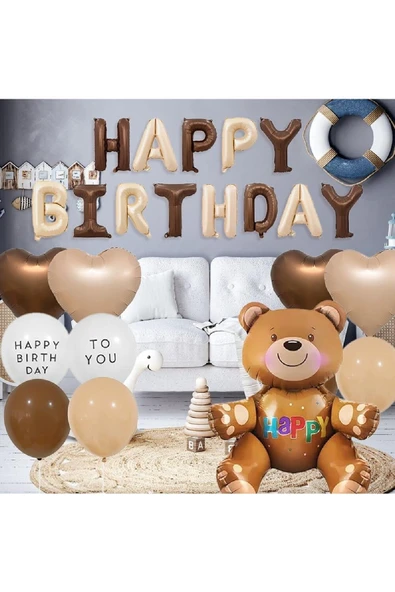 Bkmc 3Yaş Retro Ayıcık Kahverengi Folyolu Balon Happy Birthday Afiş Dekorasyon Doğum Günü Parti Seti Süsü - Resim 5