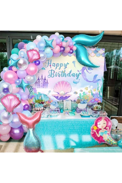 Bkmc Küçük Denizkızı Doğum Günü Partisi Süslemeleri Kızlar için Pembe Denizkızı Balon Kemer Garland Seti - 5
