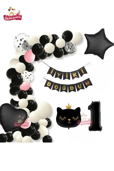 Bkmc Bannerli 1 Yaş Siyah Kedi Folyolu Kalp Yıldız Siyah Beyaz Konsept Doğum Günü Seti ürün görseli 1