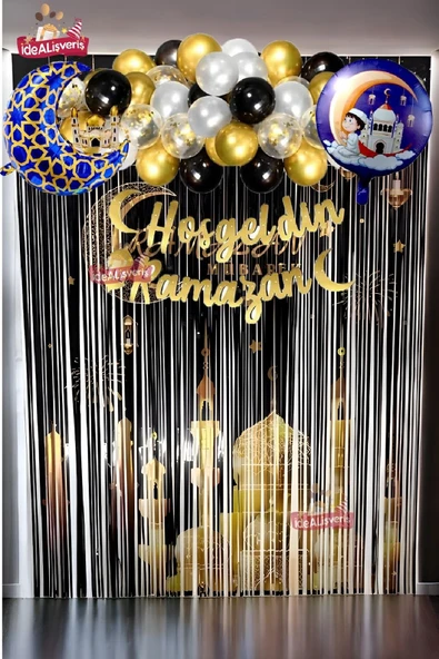 Bkmc HOŞGELDİN RAMAZAN BASKILI ARKAFONU VE YAZILI FOLYO BALONLU LÜKS BALON ZİNCİRLİ SET - 4