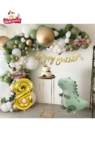 Bkmc 8 YaşRetro Yeşil Dinazor Folyolu Küf Yeşili Gold Beyaz Balon Zinciri Seti Doğum Günü Parti Seti Süsü - 4