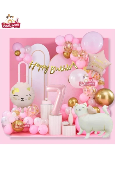Bkmc Yıldız ve Kedi Folyo Pembe 7 Yaş Folyo Balonlu İyi Ki Doğdun Yazılı Pembe Gold Doğum Günü Parti Seti - 2