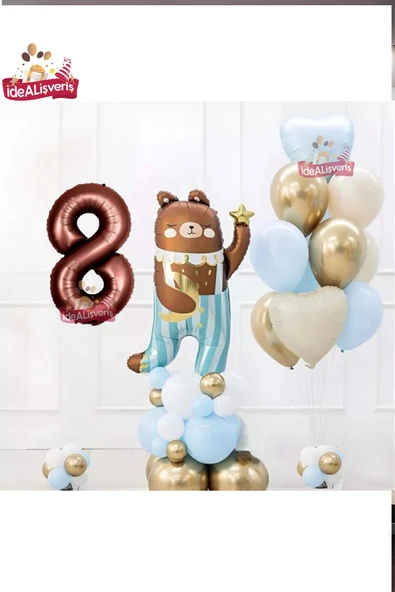 Bkmc SEVİMLİ TEDDY BEAR AYI FOLYOLU 8 YAŞ KAHVE FOLYOLU DOĞUM GÜNÜ PARTİ SETİ SÜSÜ