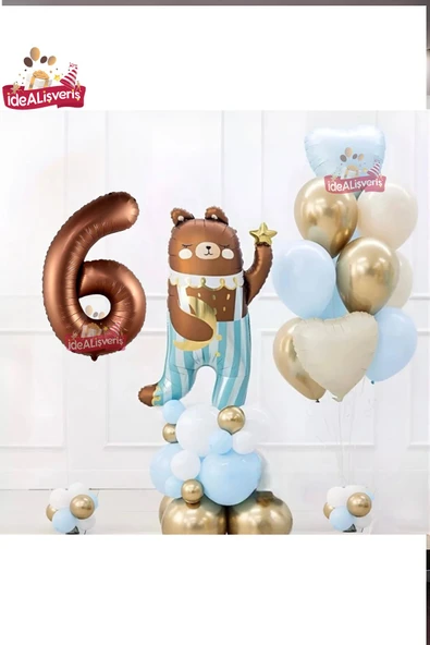 Bkmc SEVİMLİ TEDDY BEAR AYI FOLYOLU 6 YAŞ KAHVE FOLYOLU DOĞUM GÜNÜ PARTİ SETİ SÜSÜ