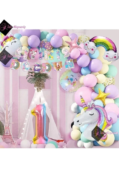 Bkmc 1 Yaş Karakterli Unicorn Temalı Iyi Ki Doğdun Makaron Balon Doğum Günü Parti Kutlama Seti - 2