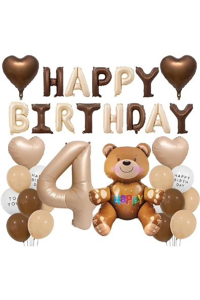 Bkmc 4Yaş Retro Ayıcık Kahverengi Folyolu Balon Happy Birthday Afiş Dekorasyon Doğum Günü Parti Seti Süsü