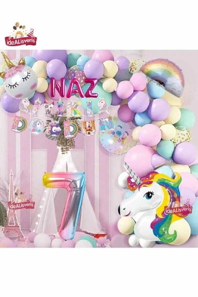 Bkmc 3 Harfli 7 Yaş Unicorn Temalı Iyi Ki Doğdun Makaron Balon Doğum Günü Parti Kutlama Seti Süsü - Resim 2