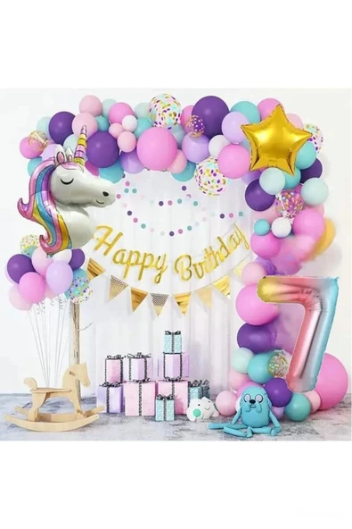 Bkmc 7 YAŞ UNİCORN LÜKS MAKORON RENKLER BALON ZİNCİR DOĞUM GÜNÜ PARTİ SETİ SÜSÜ ürün görseli 1