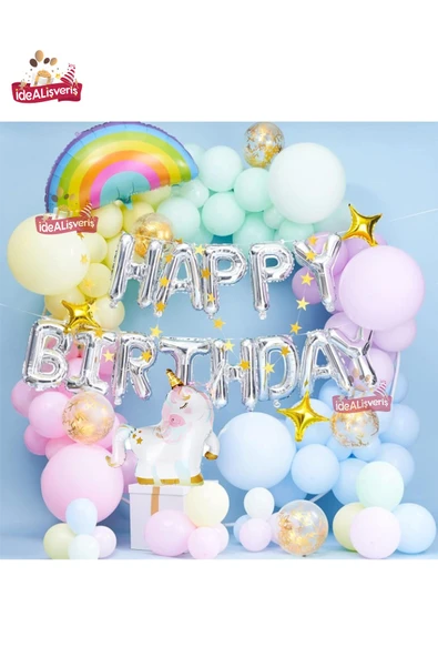 Bkmc Gold Unicorn Gökkuşağı Karışık Makaron Balon Zinciri Doğum Günü Parti Seti