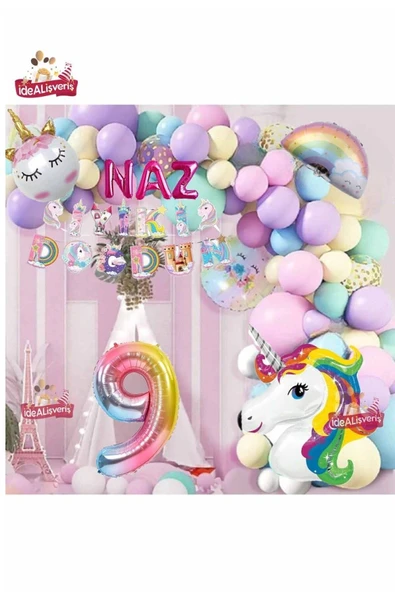 Bkmc 3 Harfli 9 Yaş Unicorn Temalı Iyi Ki Doğdun Makaron Balon Doğum Günü Parti Kutlama Seti Süsü ürün görseli