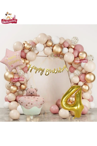 Bkmc PEMBE RETRO KEK AYICIK KAFALI PEMBE RETRO YILDIZ GOLD 4 YAŞ FOLYOLU BALON DOĞUM GÜNÜ PARTİ SETİ SÜSÜ ürün görseli 1