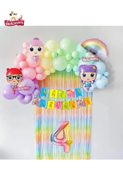 Bkmc LÜKS 4 YAŞ GÖKKUŞAĞI BANNERLI ARKAFONLU BEBEK FOLYOLU BALONLU DOĞUM GÜNÜ PARTİ SETİ SÜSÜ - Resim 2