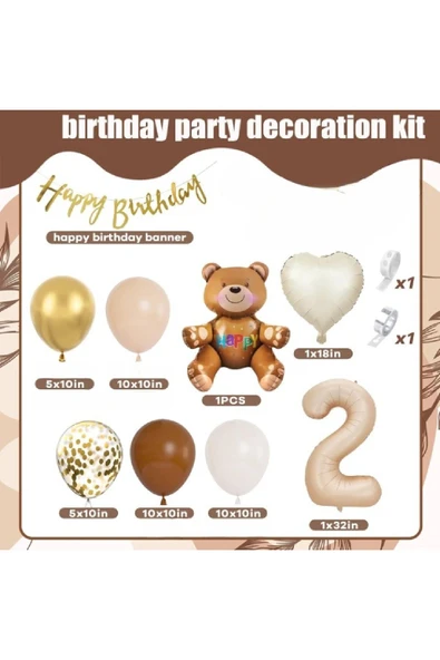 Bkmc Ayıcık Folyolu Yaş Balonlu 2 Yaş Erkek Kız Çocuğu Dekorasyon Doğum günü Parti Seti Süsü - Resim 3