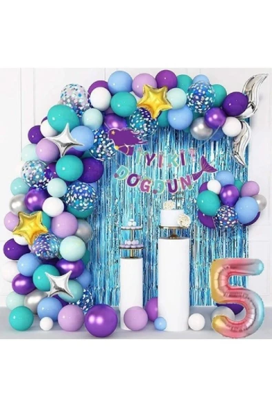 Bkmc 5 Yaş Gökkuşağı Folyolu Deniz Kızı Lüks  Balon Zinciri Doğum Günü Parti Seti Süsü - 2