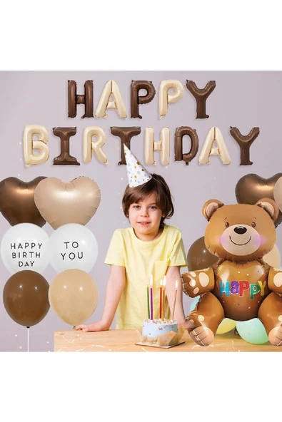 Bkmc 3Yaş Retro Ayıcık Kahverengi Folyolu Balon Happy Birthday Afiş Dekorasyon Doğum Günü Parti Seti Süsü - Resim 4