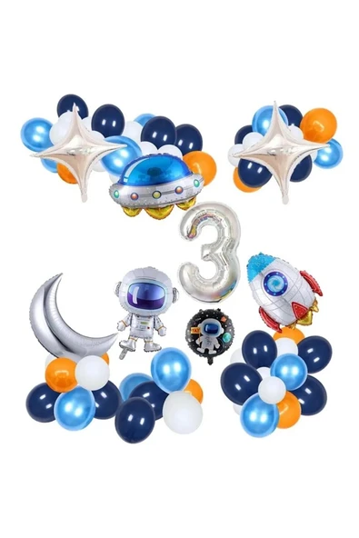Bkmc Uzay Temalı Doğum Günü Seti 3 Yaş; Folyolu, 40 Lateks Balon, Balon Zinciri, Balon Bandı - Resim 2