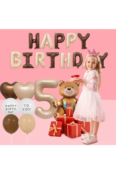 Bkmc 2Yaş Retro Ayıcık Kahverengi Folyolu Balon Happy Birthday Afiş Dekorasyon Doğum Günü Parti Seti Süsü - 6