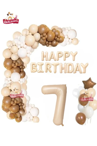 Bkmc Bej Happy Birthday 7 Yaş Folyo Balon Bej Beyaz Kahverengi Konsept Doğum Günü Parti Seti ürün görseli