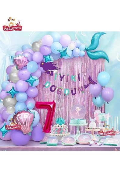 Bkmc 7 Yaş Deniz Kızı Banner Balon Mavi Mor Balonlar Folyo Saçak Perde Seti Doğum Günü Parti Süsü
