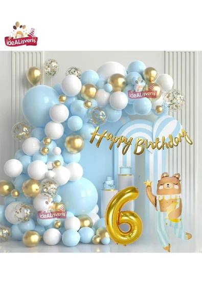 Bkmc LÜKS TEDDY AYI FOLYOLU GOLD 6 YAŞ FOLYO BALONLU DOĞUM GÜNÜ PARTİ SETİ SÜSÜ - Resim 5