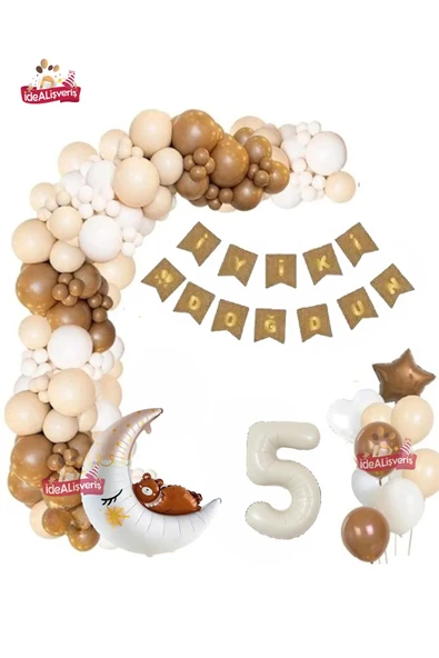Bkmc Retro Renk 5 Yaş Krem Ayılı Ay Folyo Balonlu İyi ki Doğdun Bannerli Doğum Günü Parti Seti