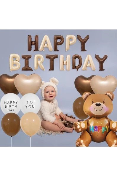 Bkmc 3Yaş Retro Ayıcık Kahverengi Folyolu Balon Happy Birthday Afiş Dekorasyon Doğum Günü Parti Seti Süsü - 3